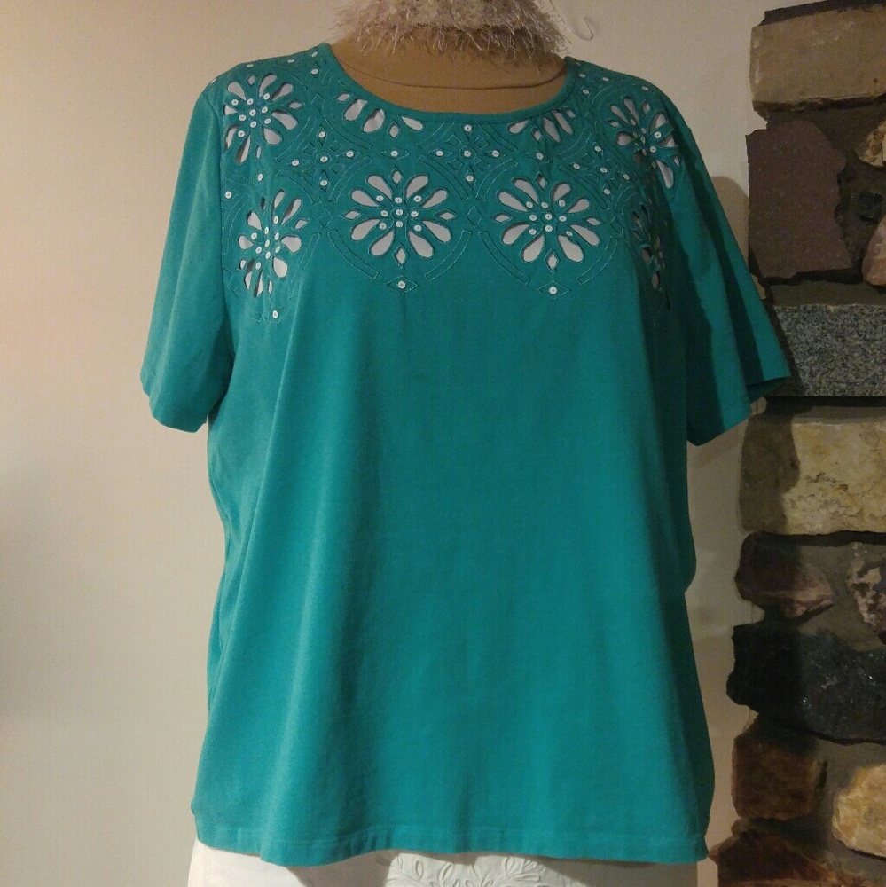 TealGreen pull over short sleeve top with cut-outs
